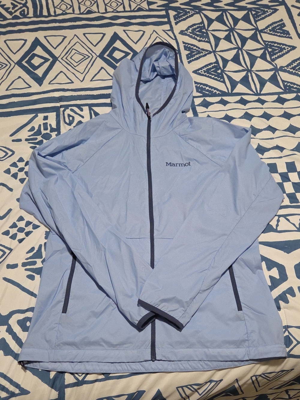 Marmot Light Blue Hooded Windbreaker Jacket with Dark Trim